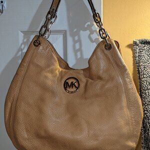 MICHAEL KORS FULTON SHOULDER HANDBAG LARGE BEIGE LEATHER GOLD HARDWARE
